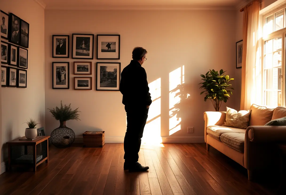 Un silhouettage contre un mur avec des photos encadrées dans un salon lumineux