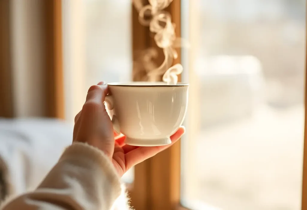 Une main tenant une tasse de céramique, symbolisant le confort et la sérénité de l'exercice de Kegel.