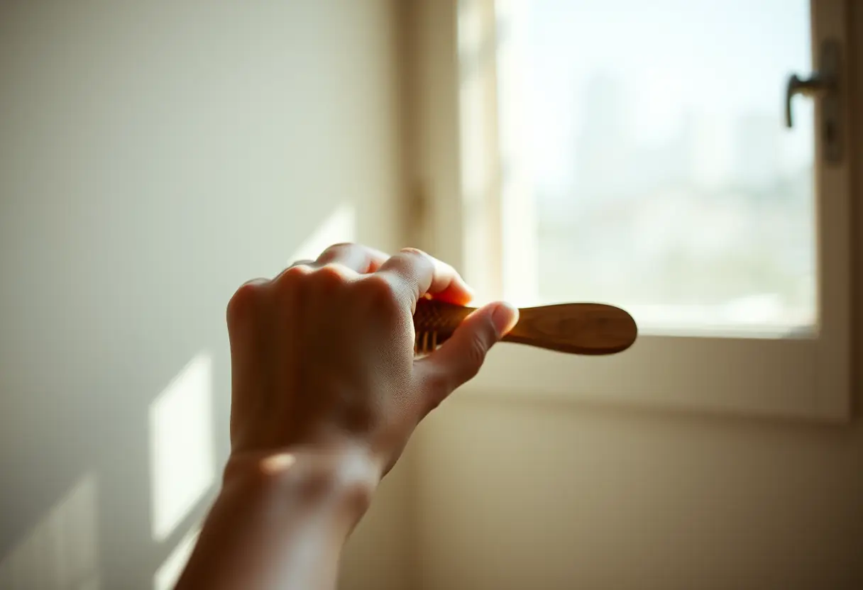 Une main tenant une brosse à cheveux en bois, éclairée par la lumière du jour, dans une atmosphère chaleureuse