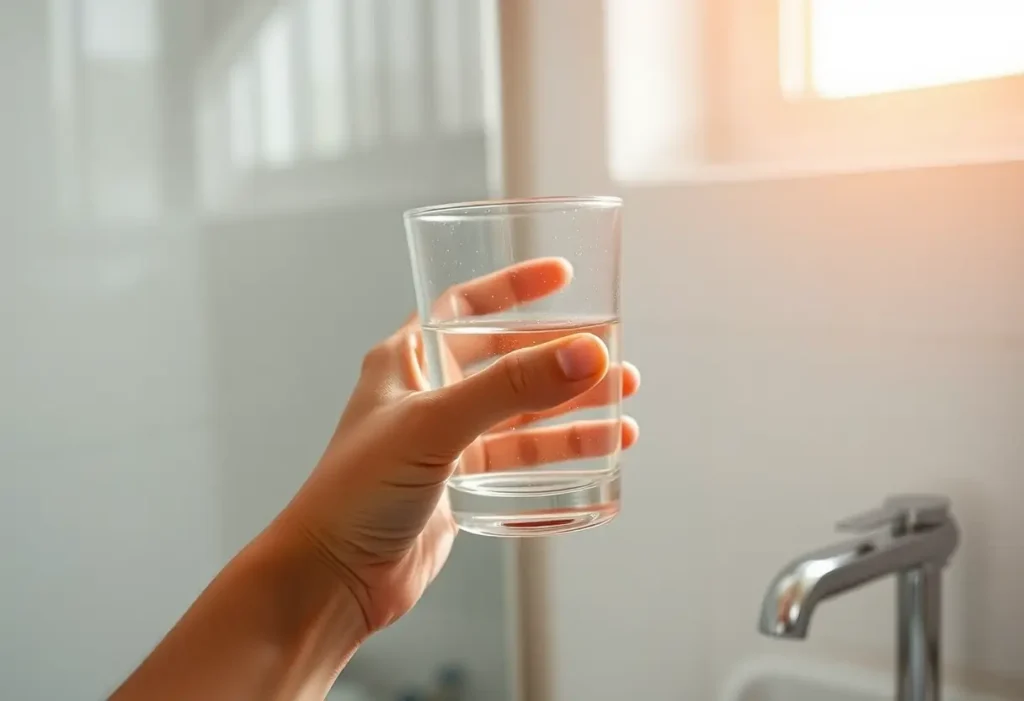 Des mains soulevant une tasse d'eau, au début de la routine matinale dans la salle de bain. La lumière naturelle brille sur la tasse.