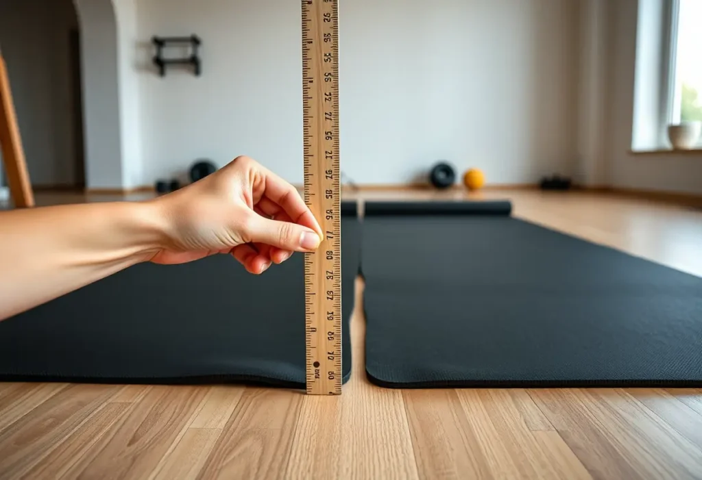 Main dans une main, tenant un règle en bois près de tapis d'exercice.
