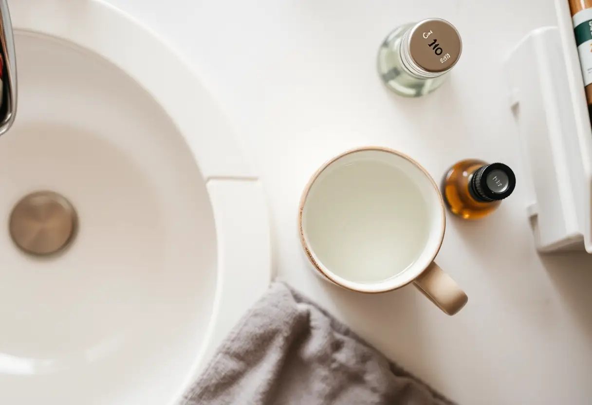 Vue aérienne d'un comptoir de salle de bain avec une tasse en porcelaine et une bouteille en verre contenant des huiles essentielles.