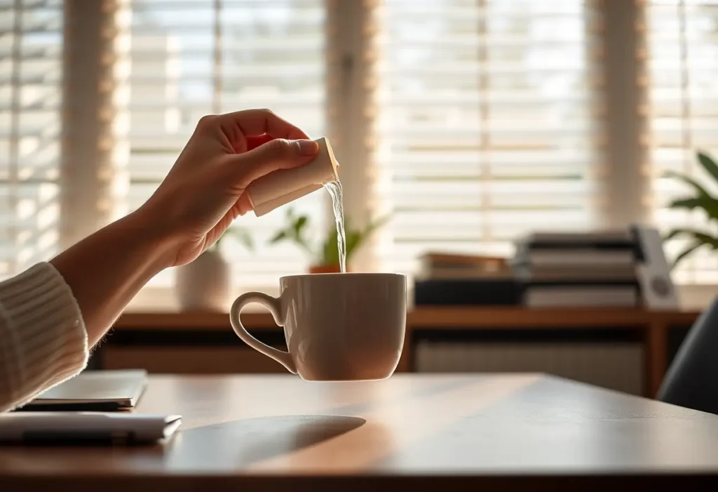 Des mains versant de l’eau chaude dans une tasse en porcelaine, éclairées par la lumière du jour filtrée