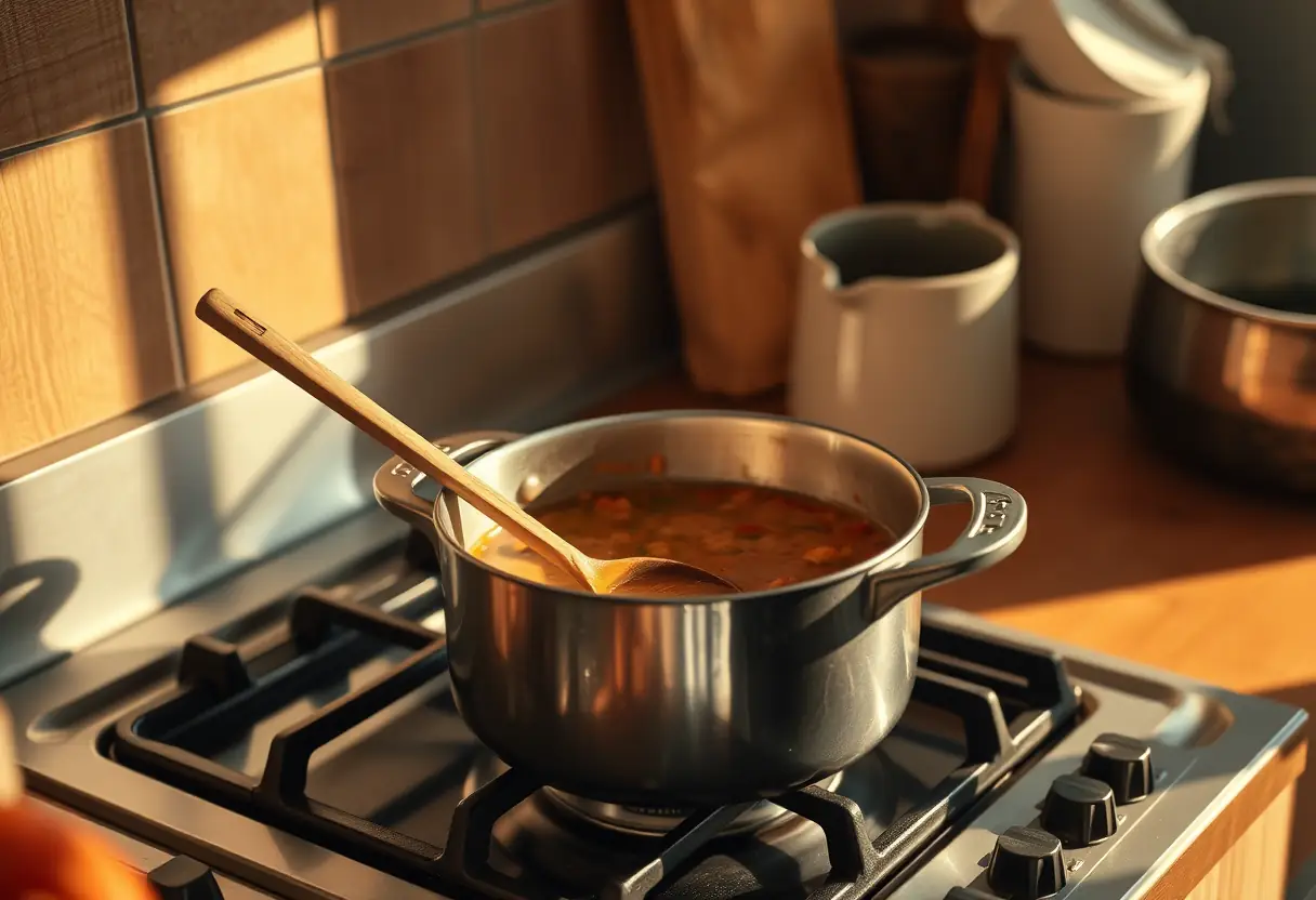 Une cuillère en bois remuant une marmite de soupe sur une cuisinière, éclairée par la lumière du soir
