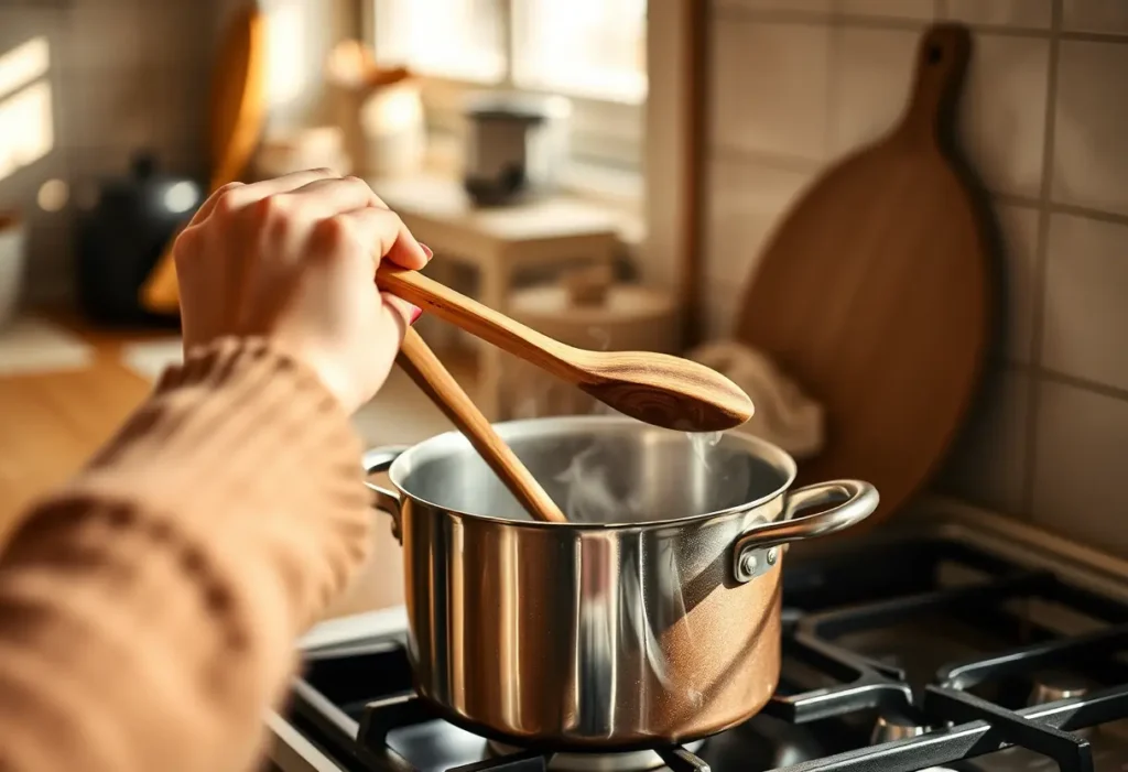 Une main féminine tient une cuillère en bois au-dessus d'une casserole, dans une cuisine accueillante, favorisant le bien-être et la sérénité