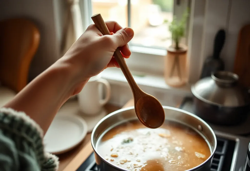 Une main tenant une cuillère en bois au-dessus d'une marmite dans une cuisine accueillante, lien avec l'estime de soi.