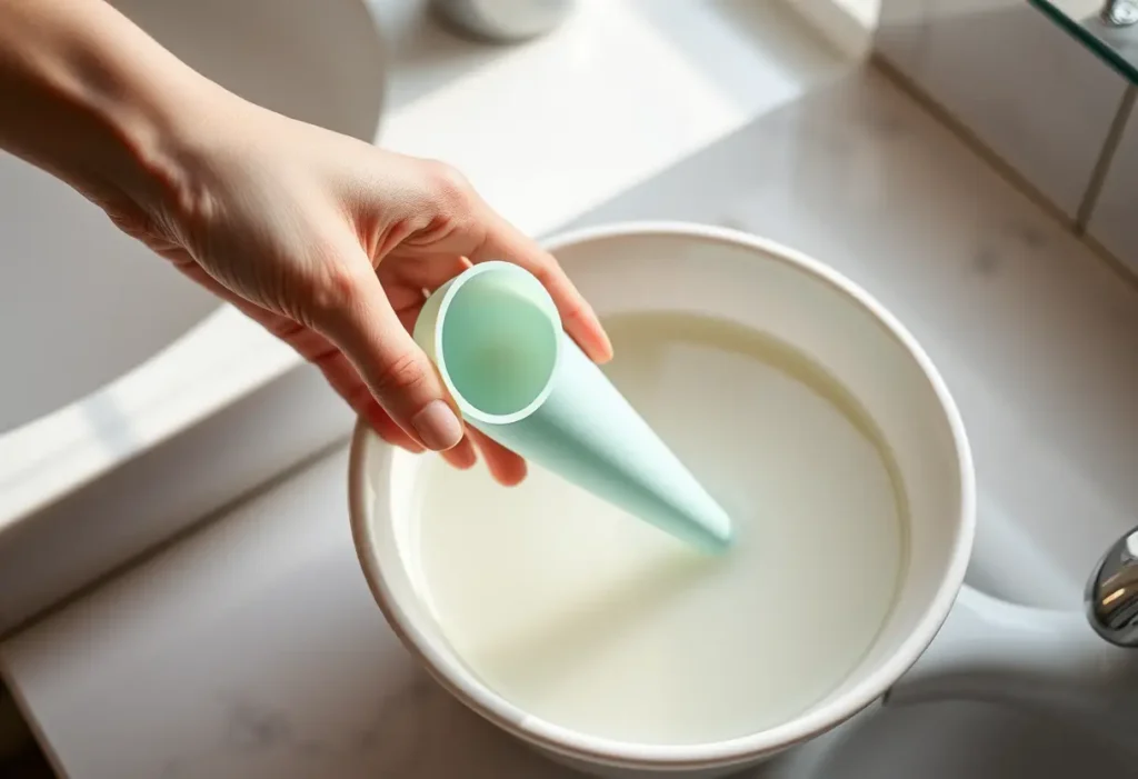 Une main féminine tient un cône en silicone posé dans un bol d'eau chaude, symbolisant la préparation pour l'exercice de Kegel.