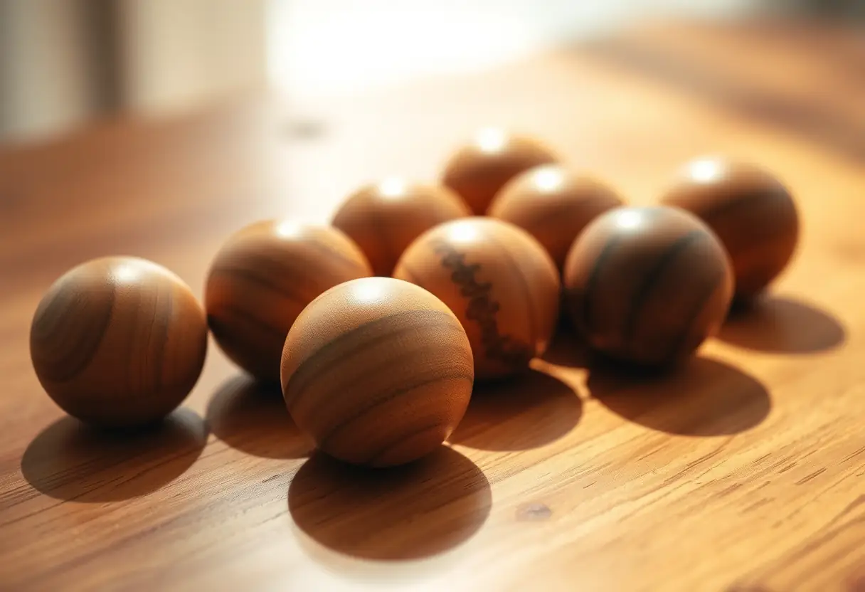 Des boules de Geisha en bois posées sur une table en bois, la lumière du matin souligne leur surface lisse et leurs veines