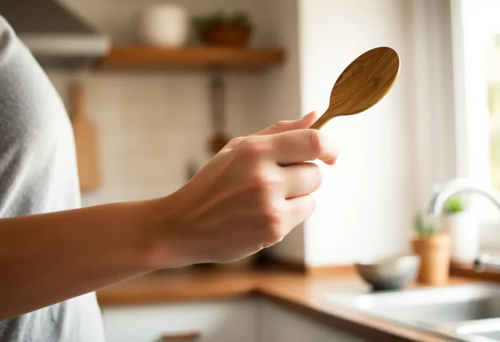 Main : Une main féminine tenant une cuillère en bois dans une cuisine bien éclairée.