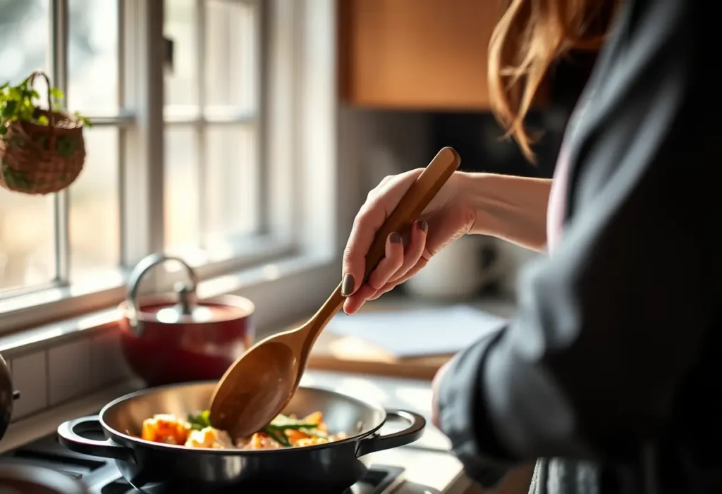 Une main féminine tenant une cuillère en bois dans une cuisine accueillante, baignée de lumière naturelle