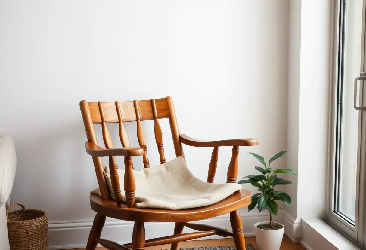 Un fauteuil en bois dans un salon, usé mais confortable, avec une petite plante en pot près de lui