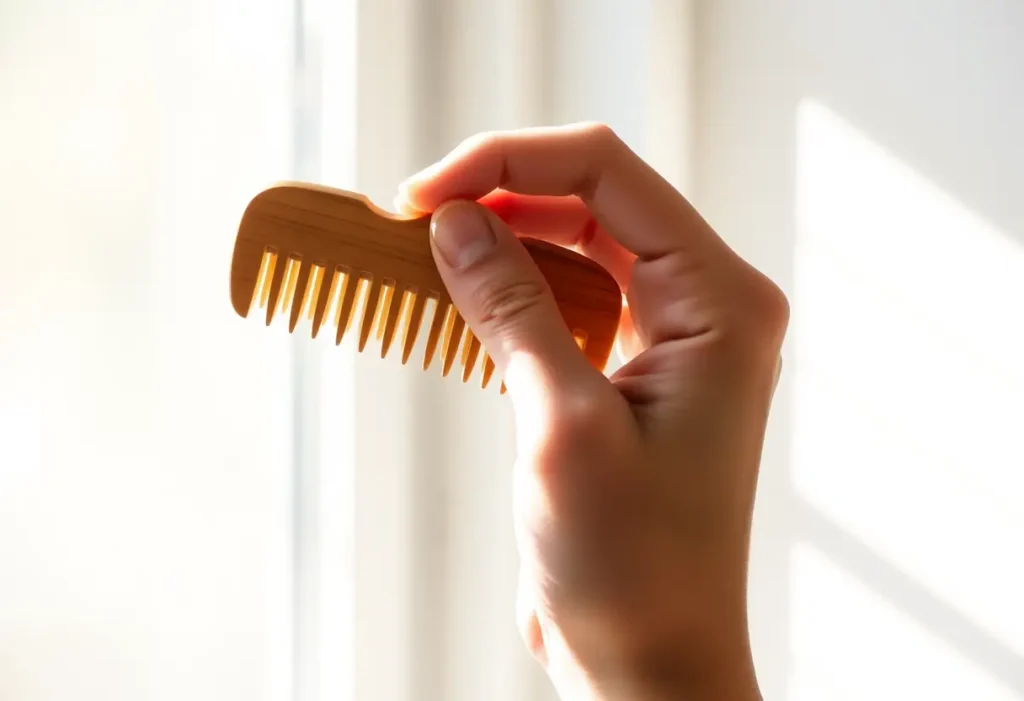 Une main féminine tient délicatement un peigne en bois