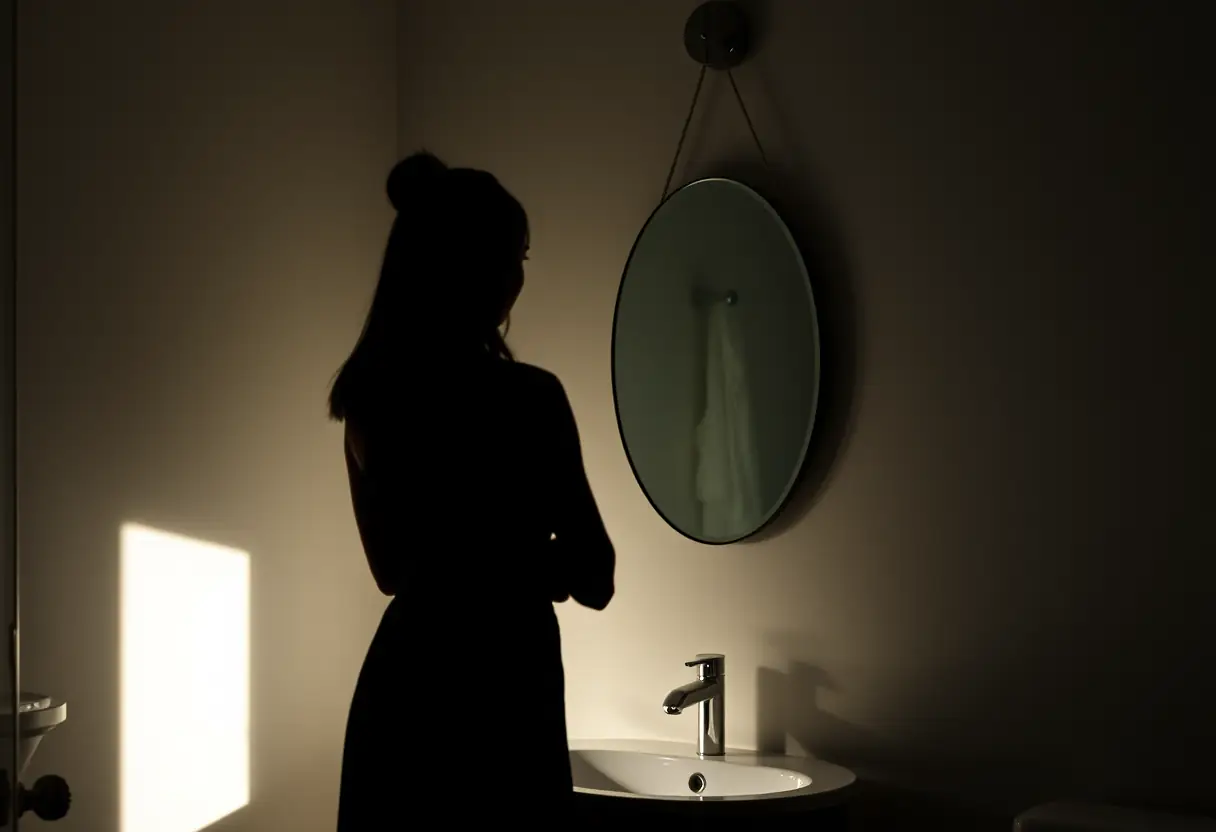 Un profil féminin se reflète dans un miroir mural