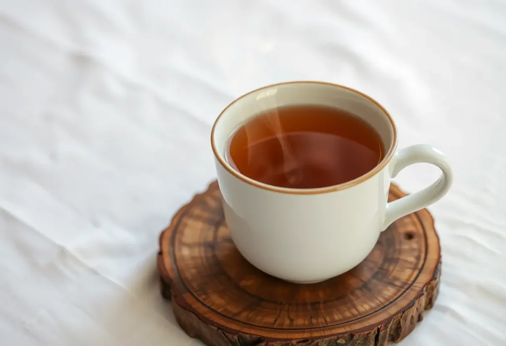 Vue rapprochée d'une tasse en porcelaine remplie de thé fumant sur un plateau en bois brut, évoquant un sentiment de calme et de soin de soi
