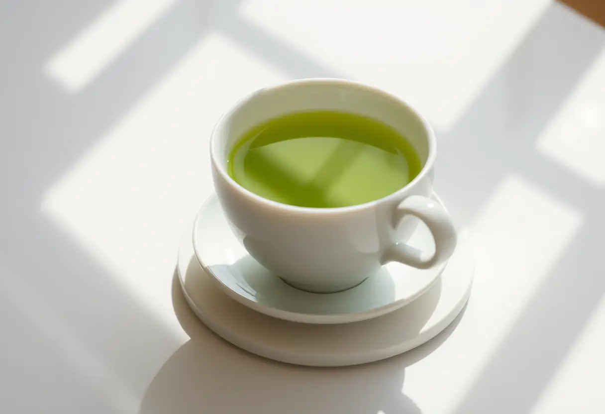 Une tasse en porcelaine avec du thé vert fumant, posée sur un coussinet blanc