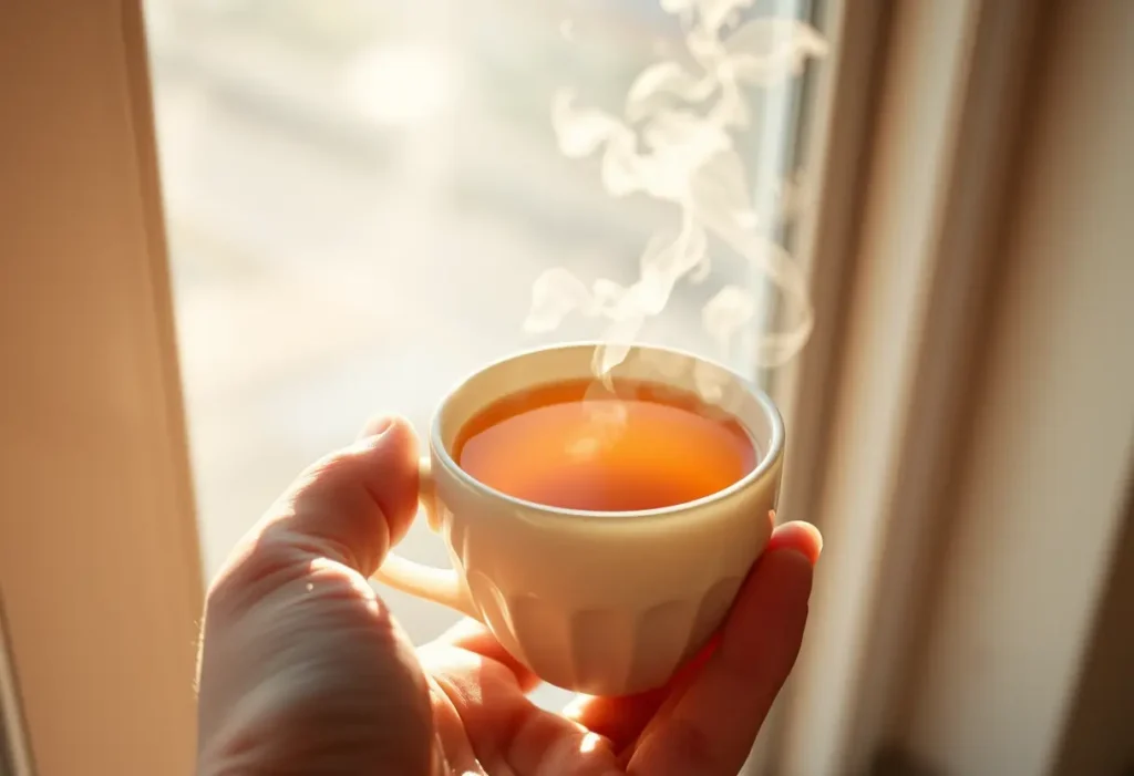 Une main tenant une tasse de thé chaud, éclairée par la lumière naturelle