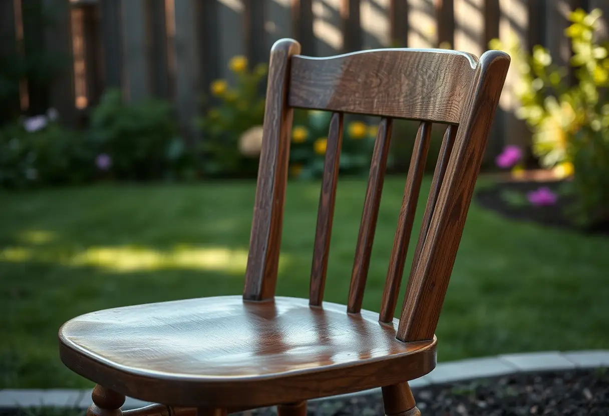 Un fauteuil en bois dans un jardin calme, reflétant la sérénité de l'entourage