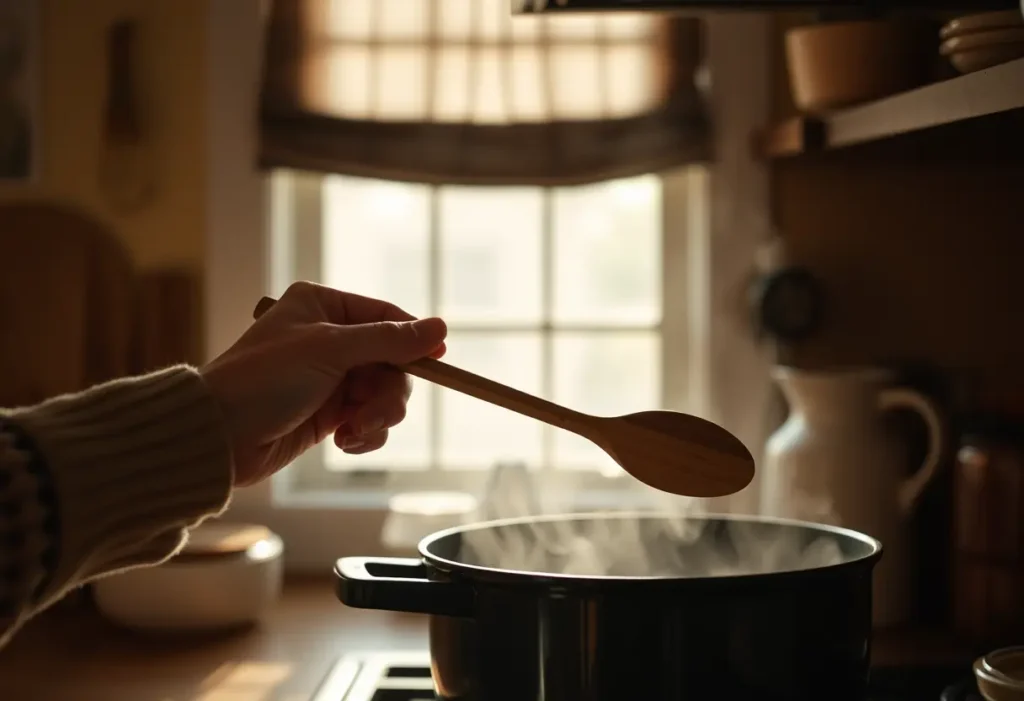 Mainseau en bois au-dessus d'une marmite en fonte dans une cuisine chaleureuse, bien-être féminin