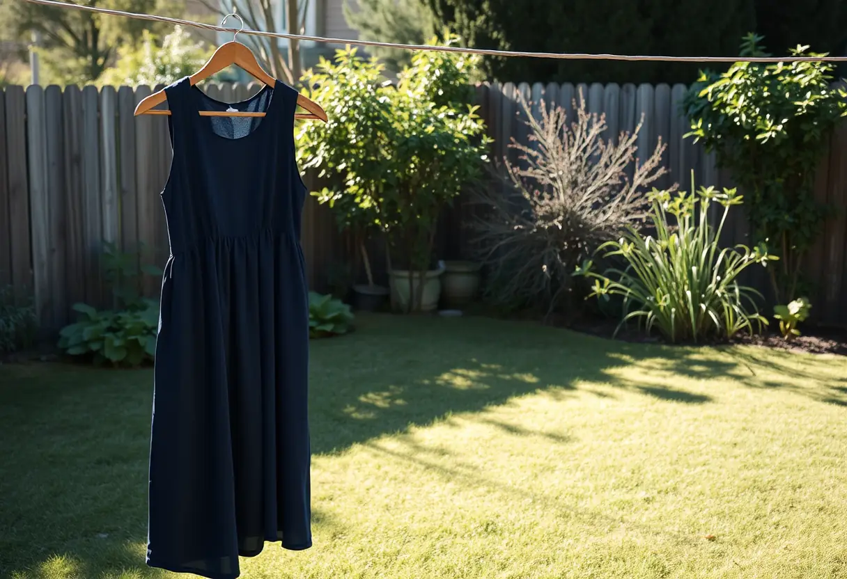 Cintre en bois avec une robe bleue foncée sur une corde à linge dans un jardin, acceptation de soi