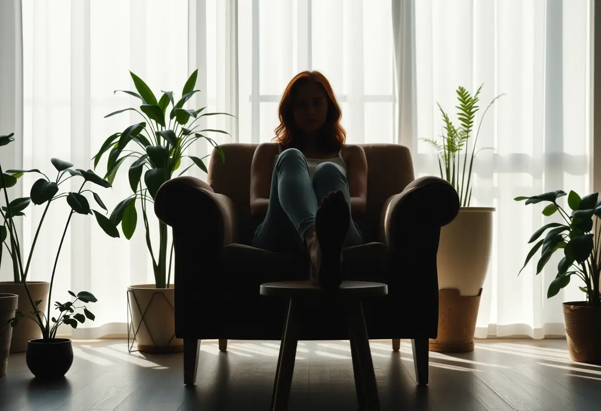 Un profil de femme assise confortablement dans un fauteuil, ses pieds posés sur un petit tabouret en bois, entourée de plantes en pot