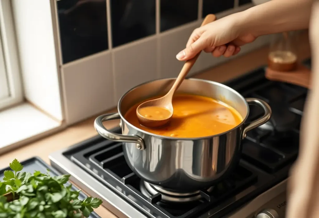 Une main tient une cuillère en bois dans une cuisine, préparant une soupe réconfortante.