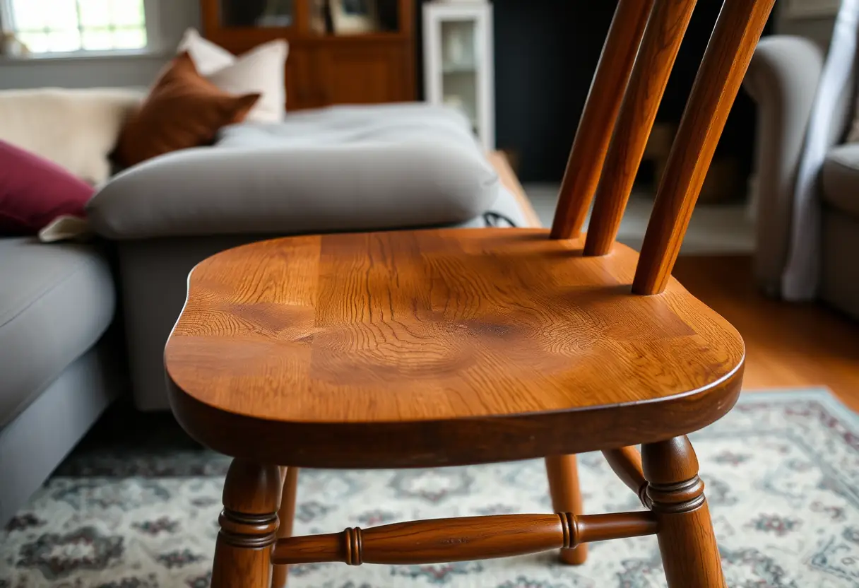 Un fauteuil en bois dans un salon, stable et confortable, symbole de stabilité quotidienne.