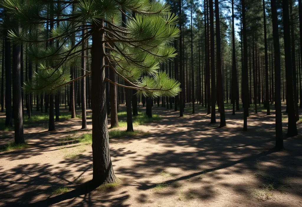 Un pin majestueux dans la forêt, ses aiguilles projettent des ombres complexes, symbole de force contre la culpabilité et l'autocritique.