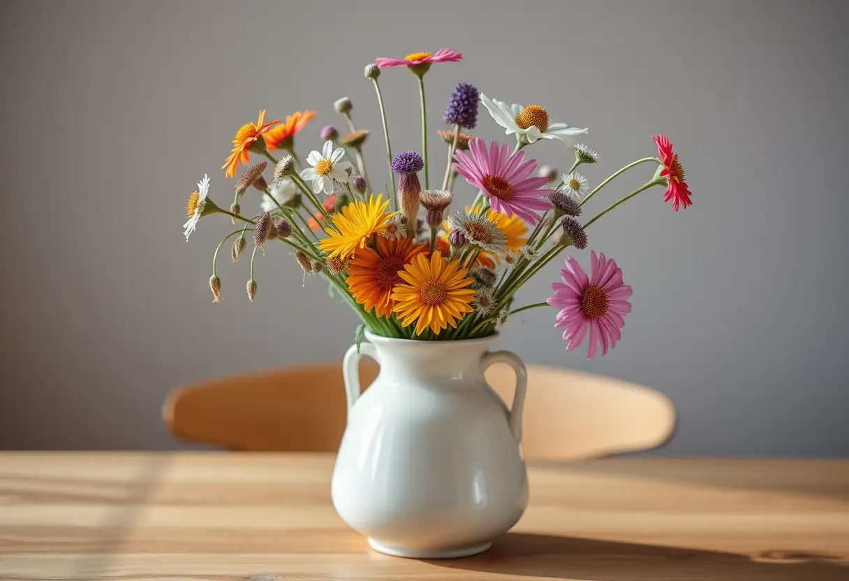 Un vase en céramique rempli de fleurs sauvages sur une table, les couleurs s'accordent harmonieusement, représentant l'équilibre émotionnel et l'acceptation.