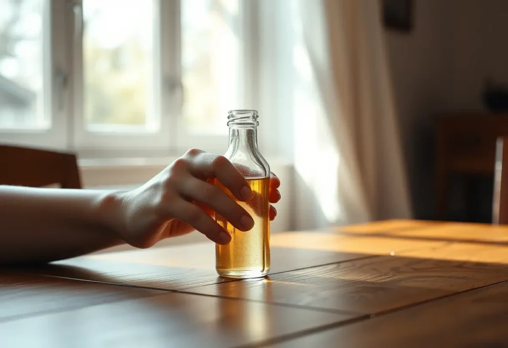 Une main féminine tenant délicatement une petite bouteille en verre contenant un liquide