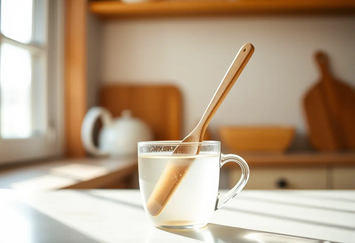 Une cuillère en bois remuant une liqueur claire dans une tasse en porcelaine blanche sur un plan de travail de cuisine