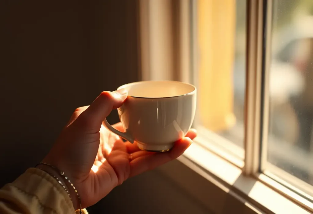 Une main féminine tenant délicatement une tasse en céramique, éclairée par la lumière du jour