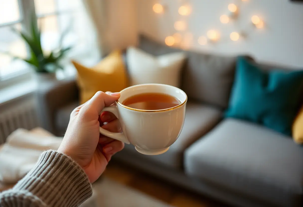 Une main tenant une tasse de thé chaud dans un salon accueillant, mettant en valeur le bien-être et la prise en charge de soi
