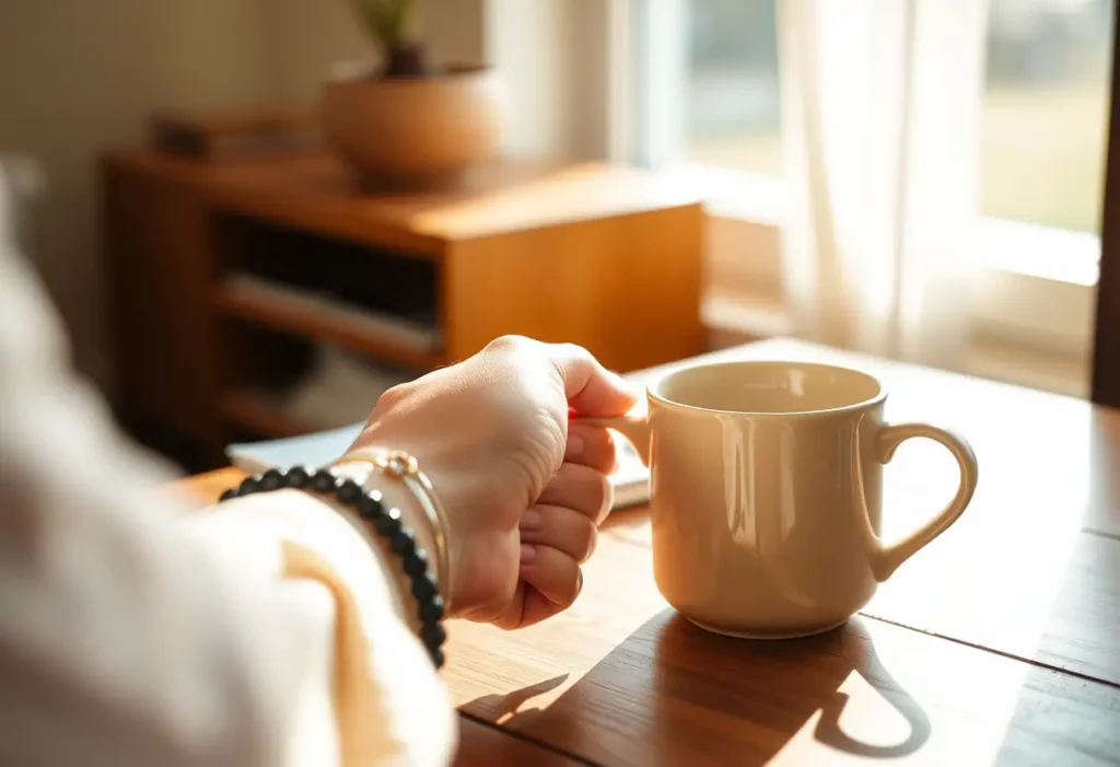Une main posant délicatement une tasse en porcelaine sur un bureau en bois, évoquant sérénité et acceptation de soi.
