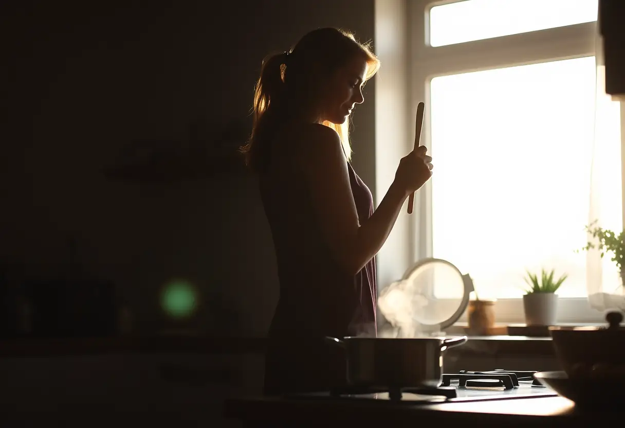 Silhouette d'une femme dans une cuisine, tenant une cuillère en bois et remuant une marmite, la lumière du début d'après-midi réchauffant l'espace.