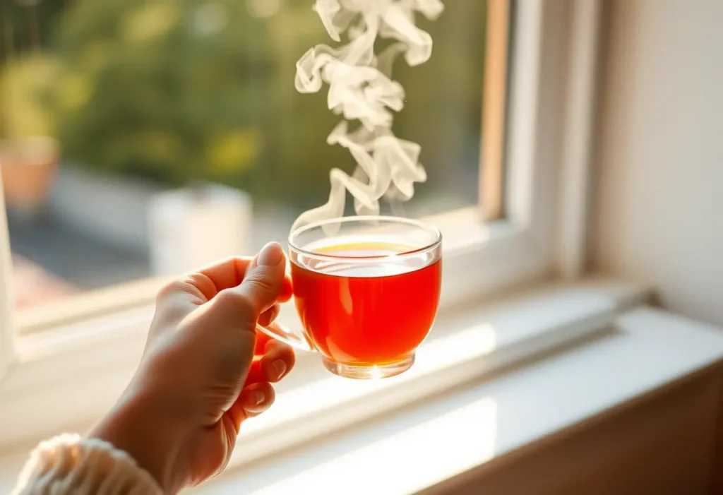 Une main tenant une tasse de thé chaud, la vapeur apaisante se dégageant dans une lumière douce.