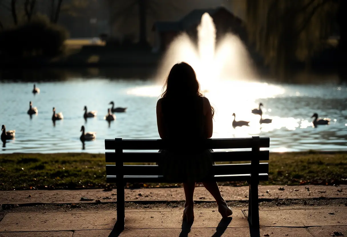Un profil de femme assise sur un banc dans un parc, observant des canards nageant, la lumière du matin créant des ombres longues.