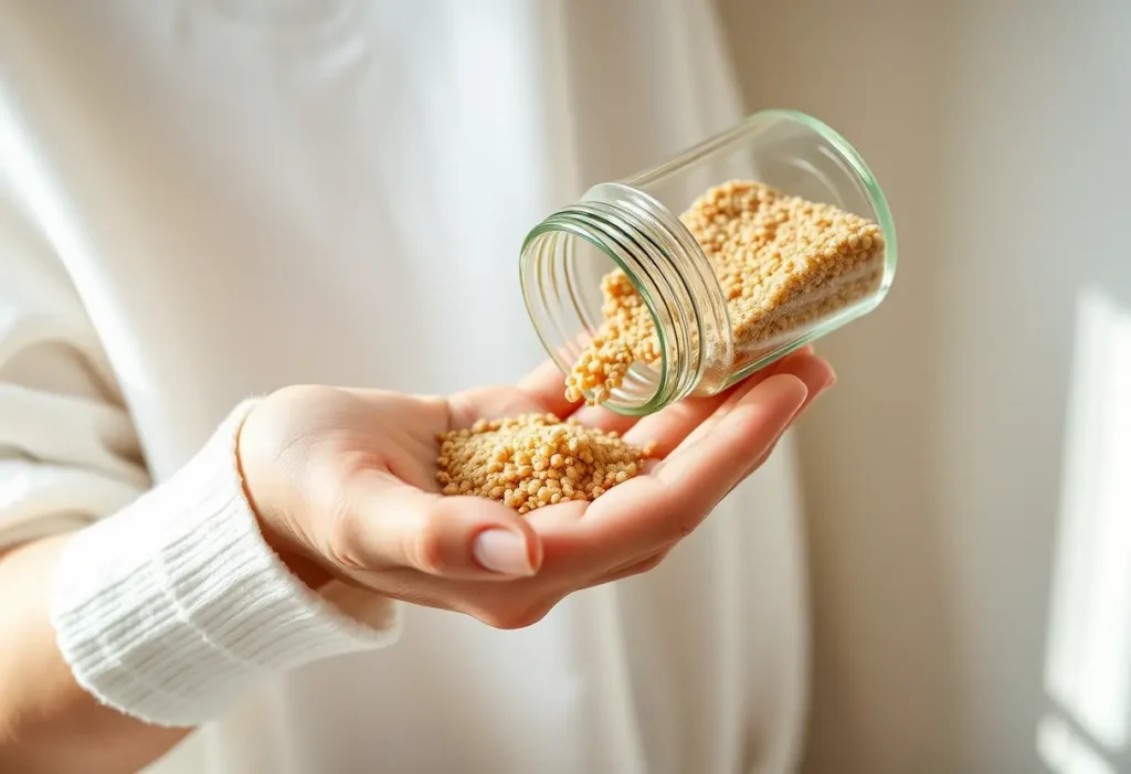Une main féminine verse des grains fins dans sa paume pour un gommage.