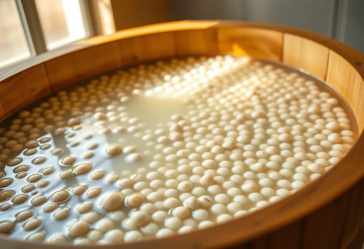 Un grand baquet en bois rempli d'eau chaude et de grains exfoliants, prêt à être utilisé pour un gommage du corps.
