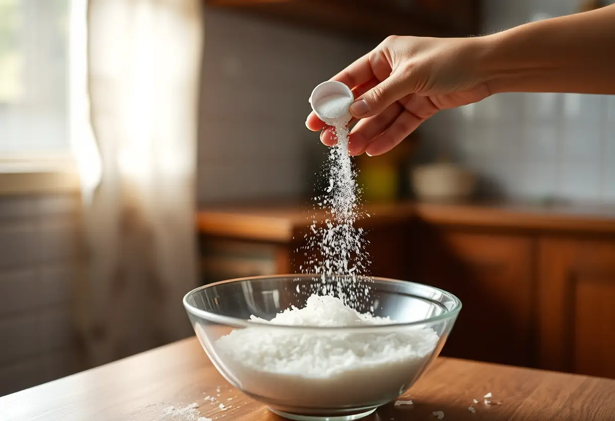Une main verse du sucre dans un bol contenant de la noix de coco râpée, recette douce pour la peau sèche