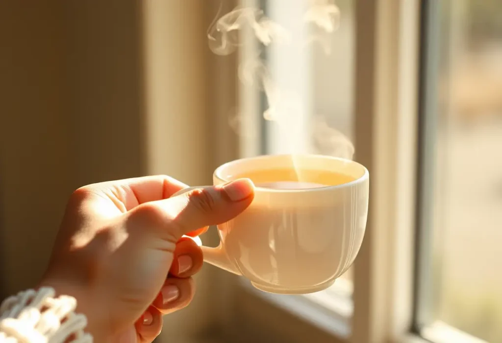 Une main féminine tient une tasse de thé chaud aux herbes, évoquant la douceur et le réconfort.