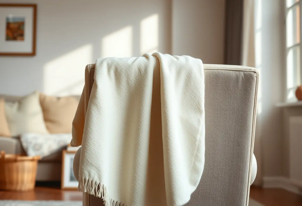 Un plaid doux repose sur le dossier d'une chaise, offrant un sentiment de confort et de détente.