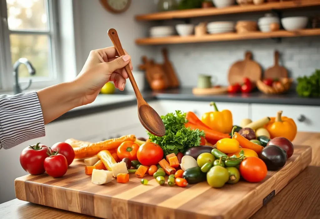 Une main féminine tenant une cuillère en bois au-dessus d'une planche à découper remplie de légumes variés
