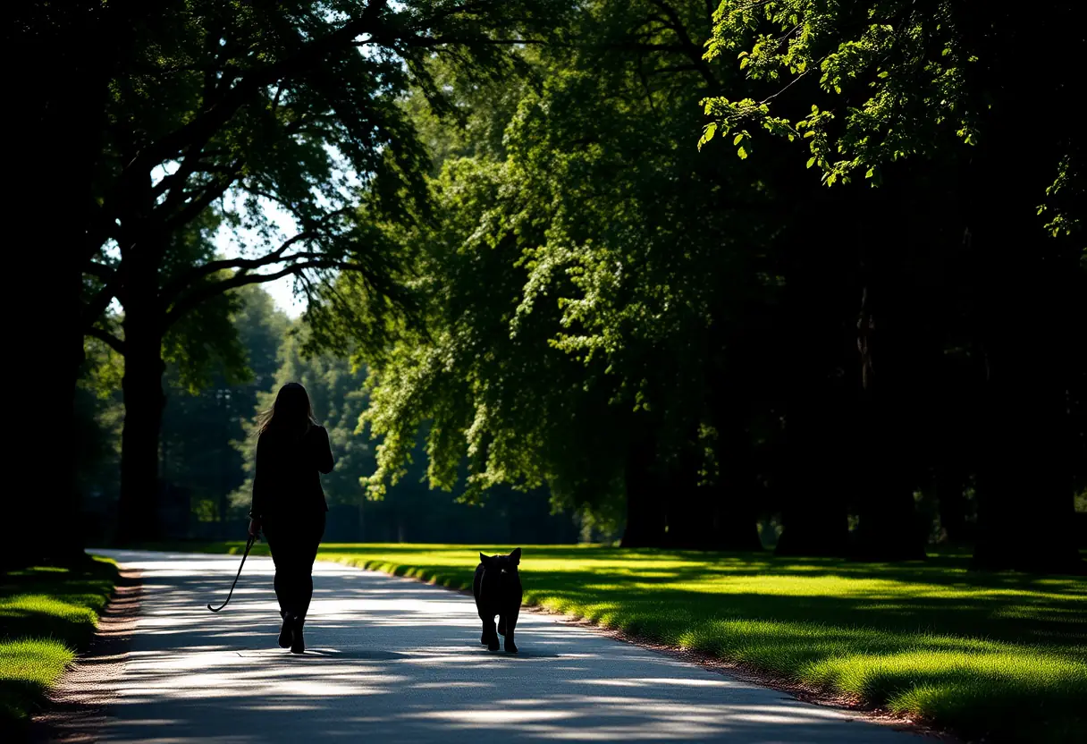 Un profil de femme qui promène son chien dans un parc ombragé
