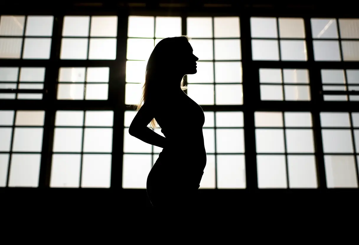 Une femme se tenant devant une fenêtre où la lumière du soleil inonde la pièce
