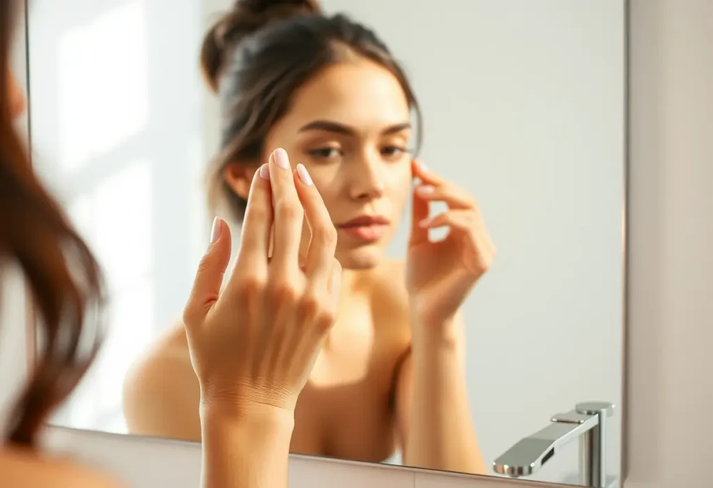 Une main applique délicatement une essence sur le visage, éclairée naturellement.