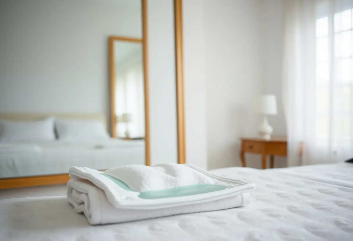 Un morceau de coton imbibé de tonique posé sur une serviette blanche près d’un miroir, reflétant une chambre calme.