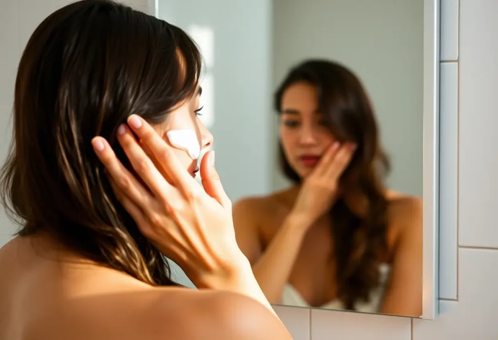 Main de femme appliquant une crème hydratante, routine beauté coréenne