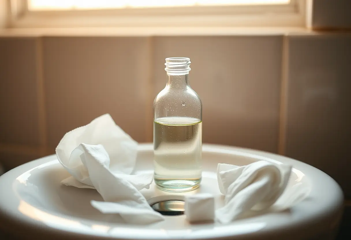 Bouteille en verre sur un lavabo en porcelaine, routine de soins de la peau
