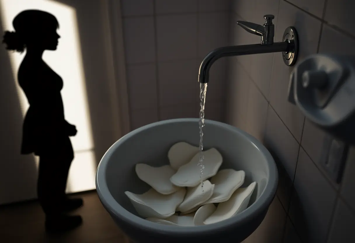Un profil se tient dans une salle de bains où l'eau coule dans un lavabo contenant des protections menstruelles utilisées.