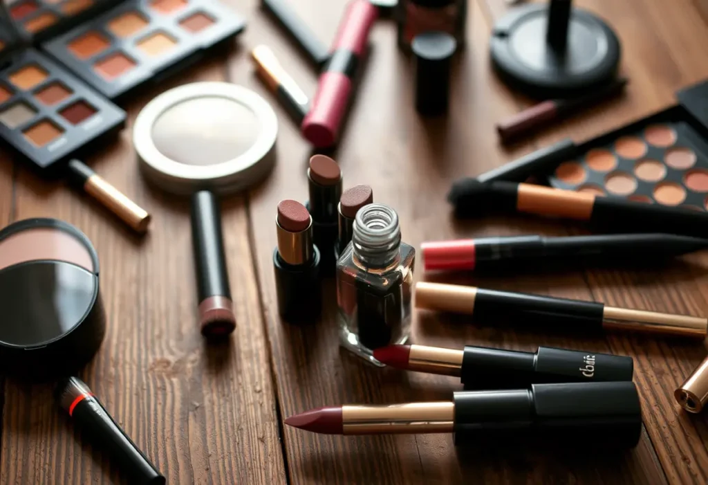 Un bureau en bois garni d'articles de maquillage, dont une petite bouteille en verre contenant des échantillons de rouge à lèvres